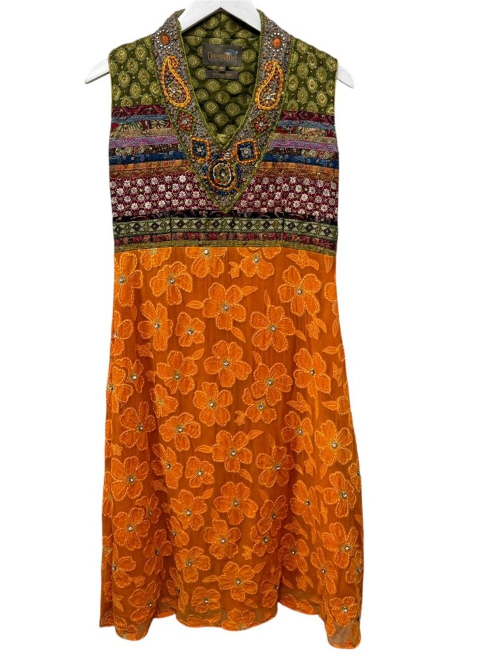 DRESSLINE Indian Tunic Dress XS/S Beaded Embroidered Orange Boho Hippie India